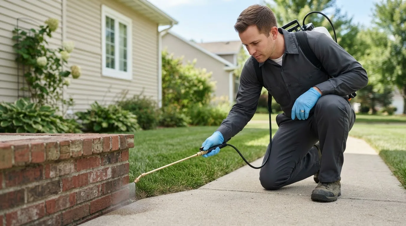 Pest control technician treating a home near Powhattan, KS