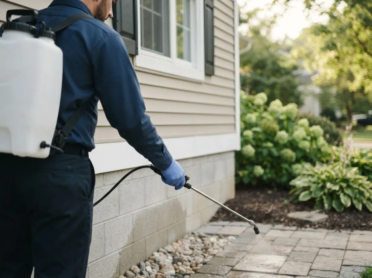 Pest control technician inspecting a home in Powhattan, KS